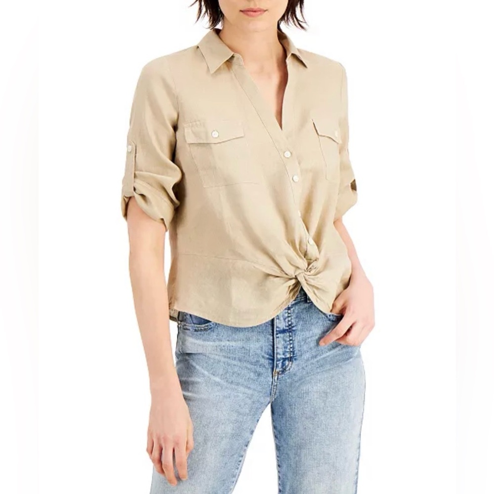 NWT INC International Concepts Women's Linen Twist-Hem Blouse